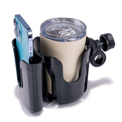 Yoyoapple universal stroller cup holder attachment on a stroller keeps drinks and phone secure.
