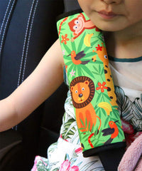 YR seat belt cover jungle pattern on seatbelt demonstrates secure fit and reduced rubbing for kids