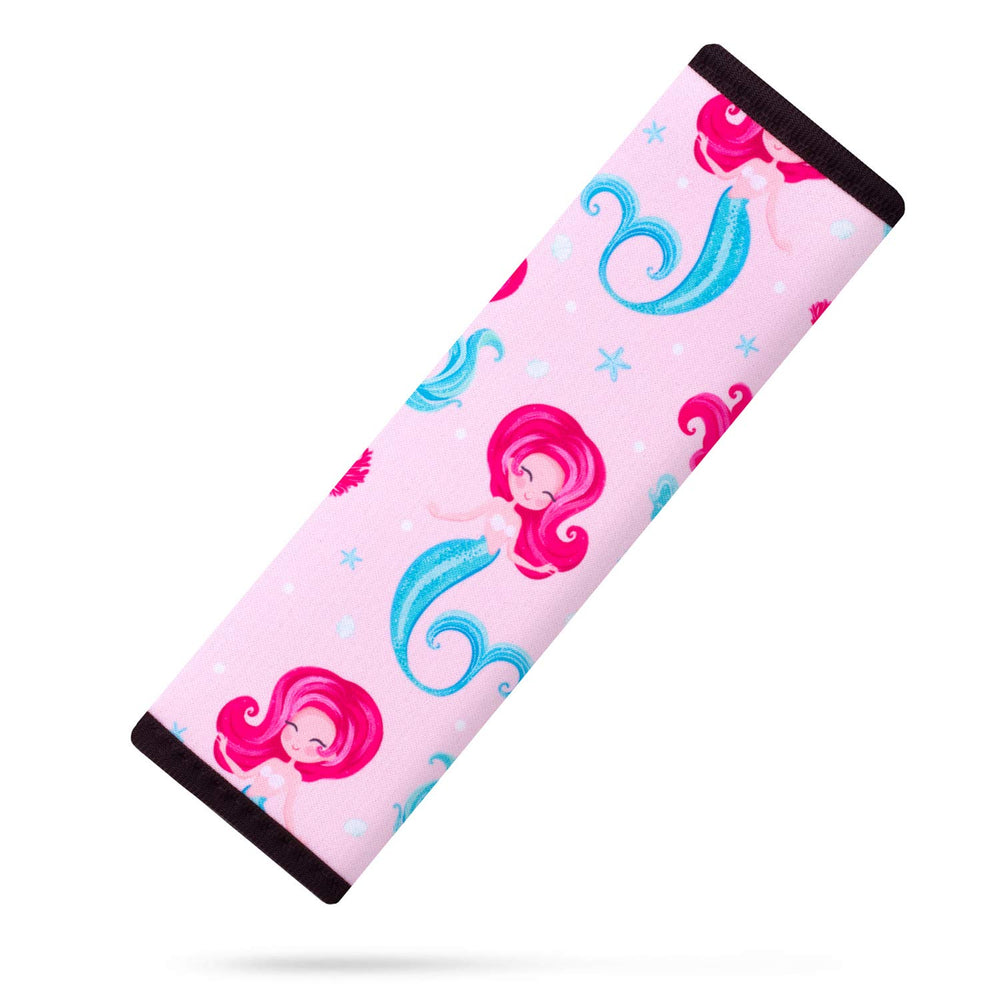 YR seat belt cover in mermaid pattern adds soft comfort for kids during car rides.