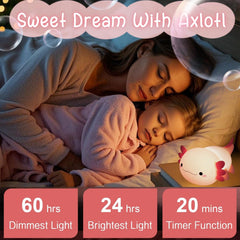 YR YRHH-PET Axolotl nightlight side view softly lighting nighttime reading.