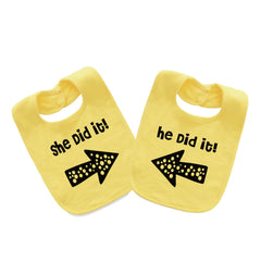 YSCULBUTOL baby twins bibs front view with He/She Did It print in yellow for twins.