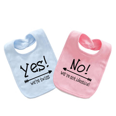 YSCULBUTOL Yes We Are Twins bib front view keeps baby dry and cute
