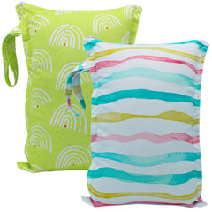 YULUONAPS wet bag in colorful strips; front view showcases compact organization on the go.