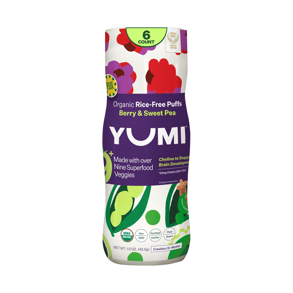 YUMI Rice-Free Baby Puffs Berry 6ct pack supports on-the-go calcium-rich snacking.