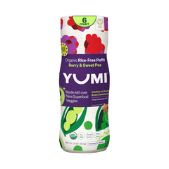 YUMI Rice-Free Baby Puffs Berry 6ct pack supports on-the-go calcium-rich snacking.