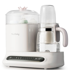 YunBaby 44oz glass kettle keeps hot water ready for late-night formula prep.
