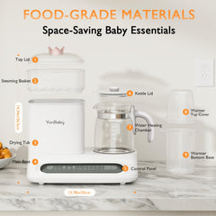 YunBaby bottle warmer steamer demonstrates 5-in-1 efficiency for feeding prep and steaming.
