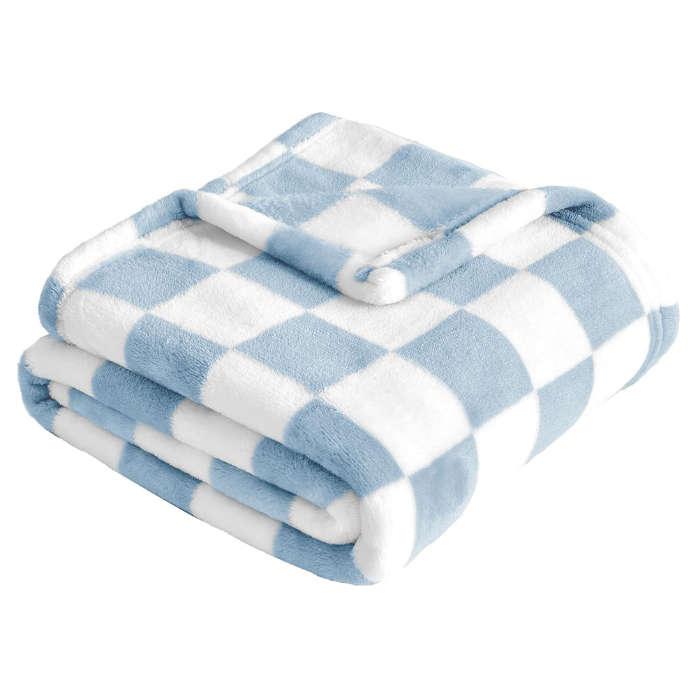 Yurhap checkered baby blanket blue close-up fabric showing ultra-soft microfibre texture.
