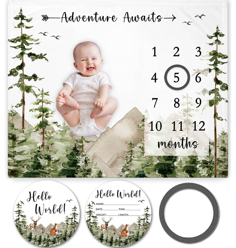 Yuzioey Adventure Awaits milestone blanket flatlay for easy photo backdrop and growth tracking.