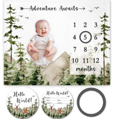 Yuzioey Adventure Awaits milestone blanket flatlay for easy photo backdrop and growth tracking.