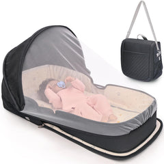 YVMVDV travel bassinet front view with compact fold and breathable fabric.