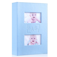 Ywlake baby boy photo album with blue leather cover, front view, ideal keepsake for newborn memories.