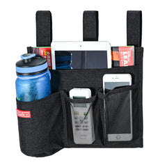 Zafit linen bedside caddy rail-attachment demonstrates quick Velcro installation for bedside setup.