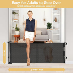 Zaguoroo 55-inch wide retractable gate by stairs demonstrates space-saving versatility.