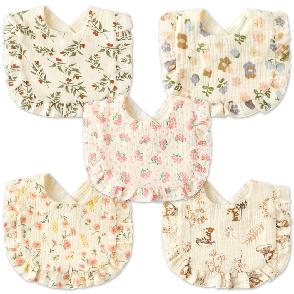 Zainpe 5Pcs snap muslin cotton bibs in pink rose design offer gentle drool protection during feeding.