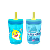 Zak Designs Baby Shark Kelso tumbler set held in hand for on-the-go hydration.