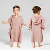 Zamlory hooded towel with hood on beach offers sun protection after swim.