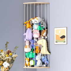 Zayysoha stuffed animal storage organizer corner hammock closeup with pine wood and rope