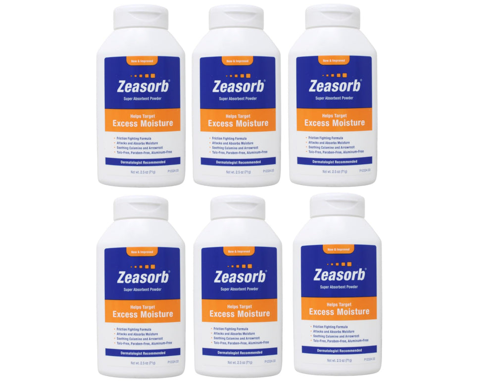 Zeasorb Prevention powder bottle closeup showcasing moisture absorption