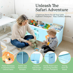 Zebra Baby large toy box filled with stuffed animals demonstrates capacity.