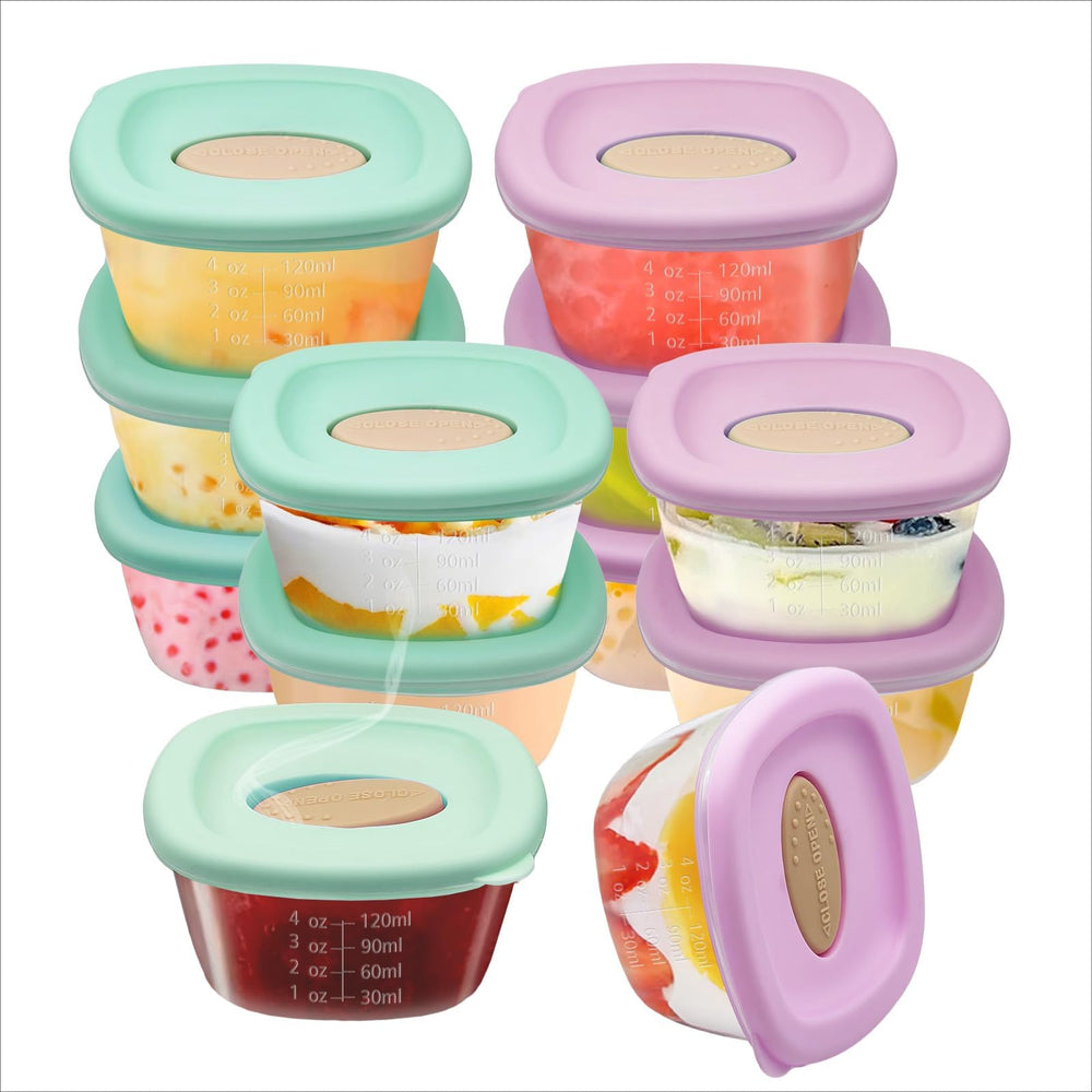 Zerobe leak-proof baby food containers with lids stand ready for travel.