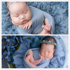 Zeroest newborn wrap blue-photo-session-setup shown in a staged newborn shoot