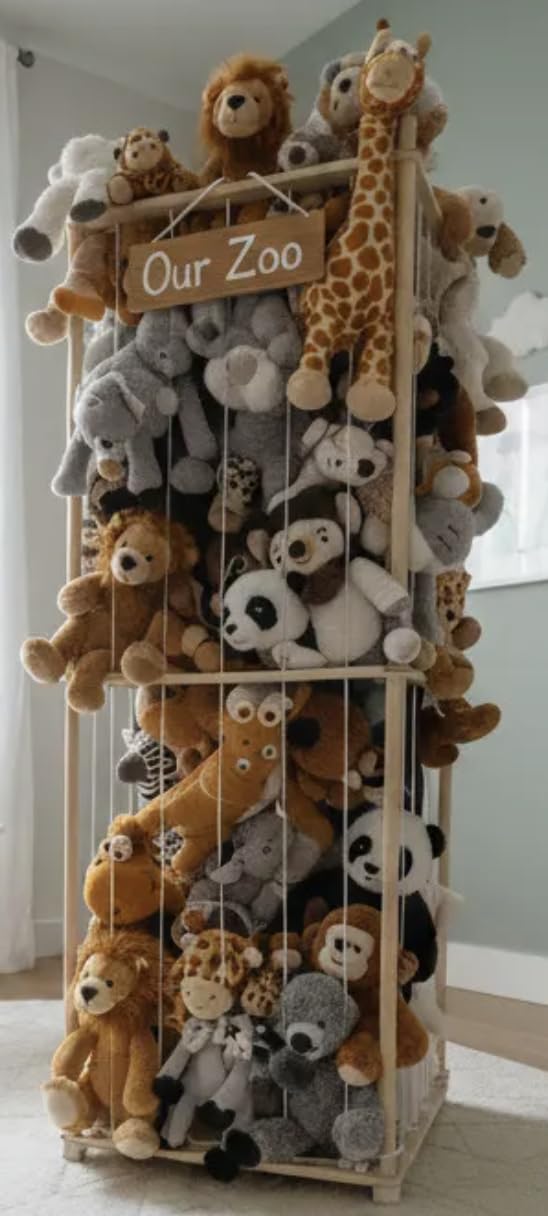 Zevona plush zoo tower front view shows tidy storage for kids room