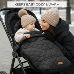 ZICOTO stroller bunting bag side view demonstrates secure fit and easy checks.