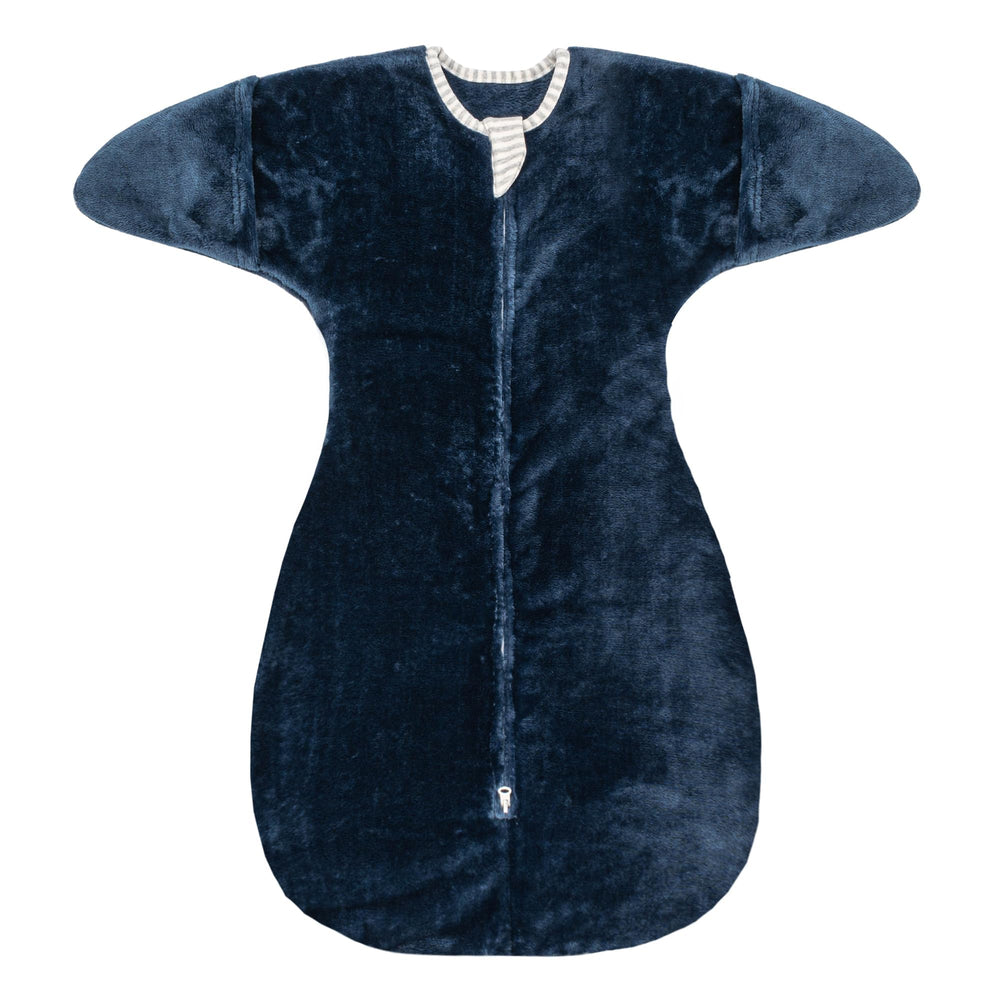 ZIGJOY Shark-Fin Transition Swaddle front view in dark blue offers cozy warmth for winter nights.