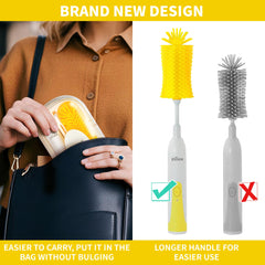 ZIOXX portable baby bottle brush fits easily in bags for travel cleaning.