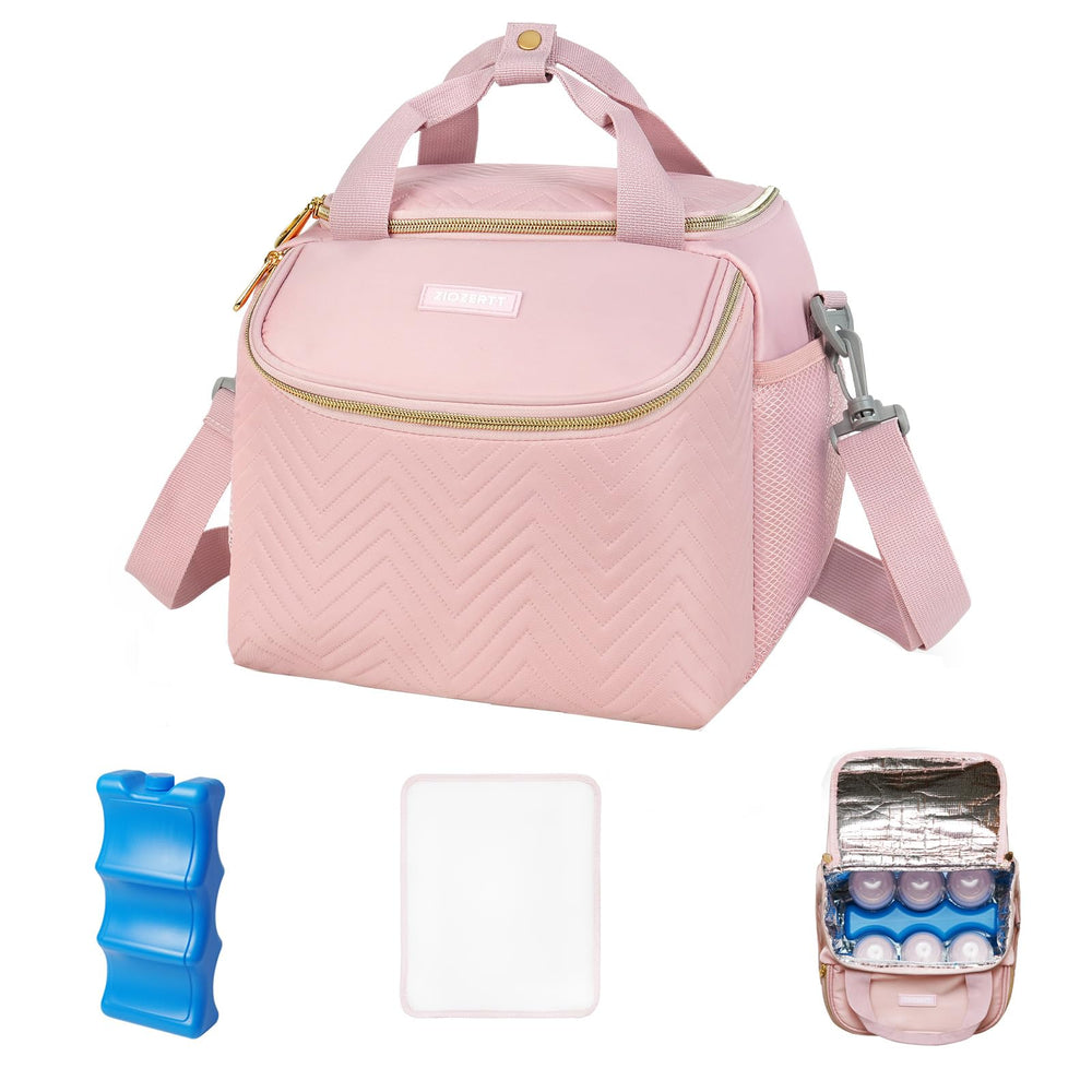 ZIOZERTT wearable breast pump bag in pink keeps bottles organized for on-the-go moms.