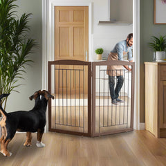 ZJSF dog gate folded into wide z-shape for doorways and stair landings.