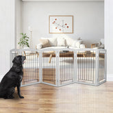 ZJSF dog gate assembled shows sturdy wood and metal for hallway containment.