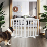 ZJSF dog gate with wooden cedar construction in side view showing sturdy hallway barrier.