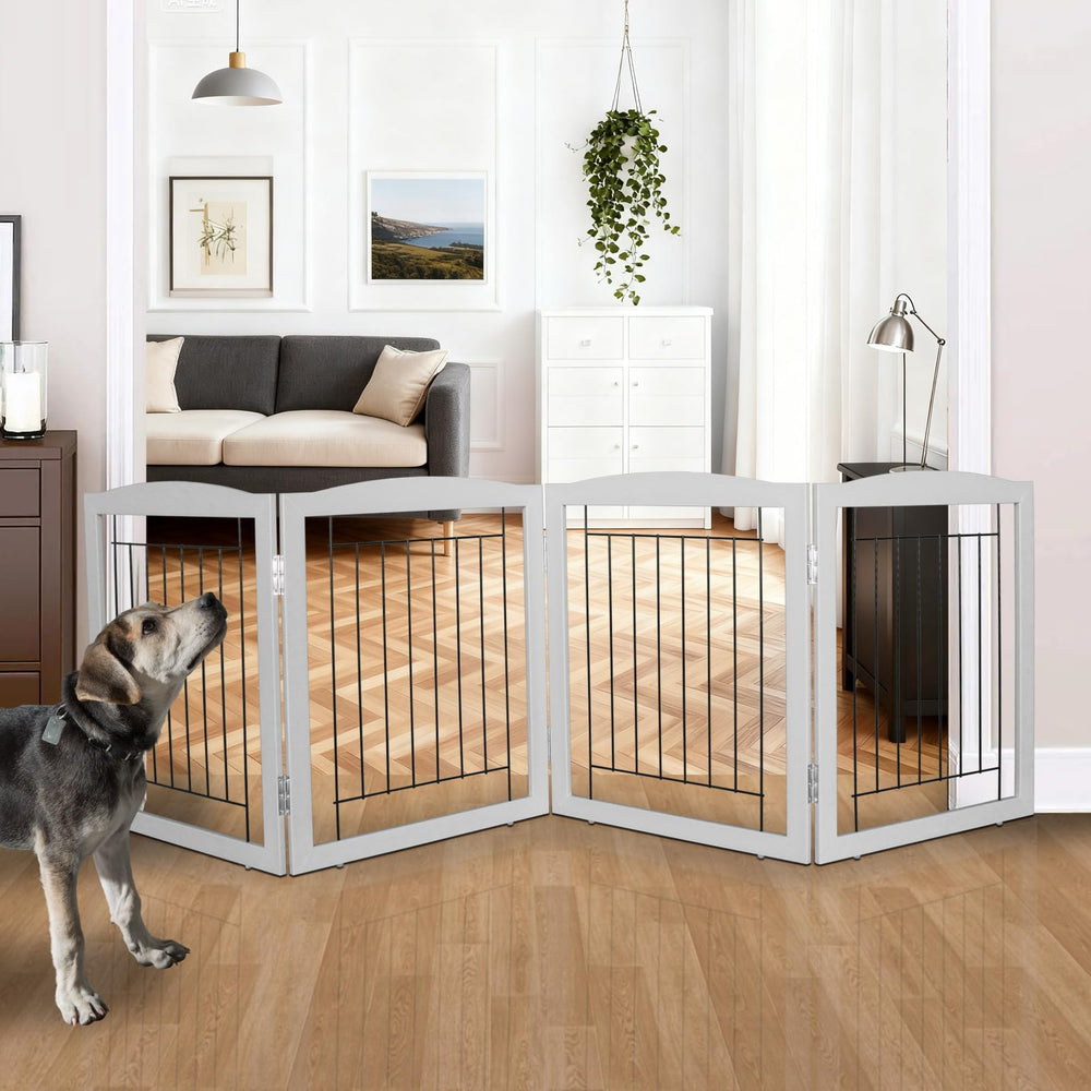 ZJSF Freestanding Foldable Dog Gate in open-wide hallway setup for safe containment.