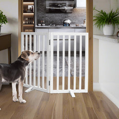 ZJSF foldable dog gate in wide Z shape enabling hallway versatility.