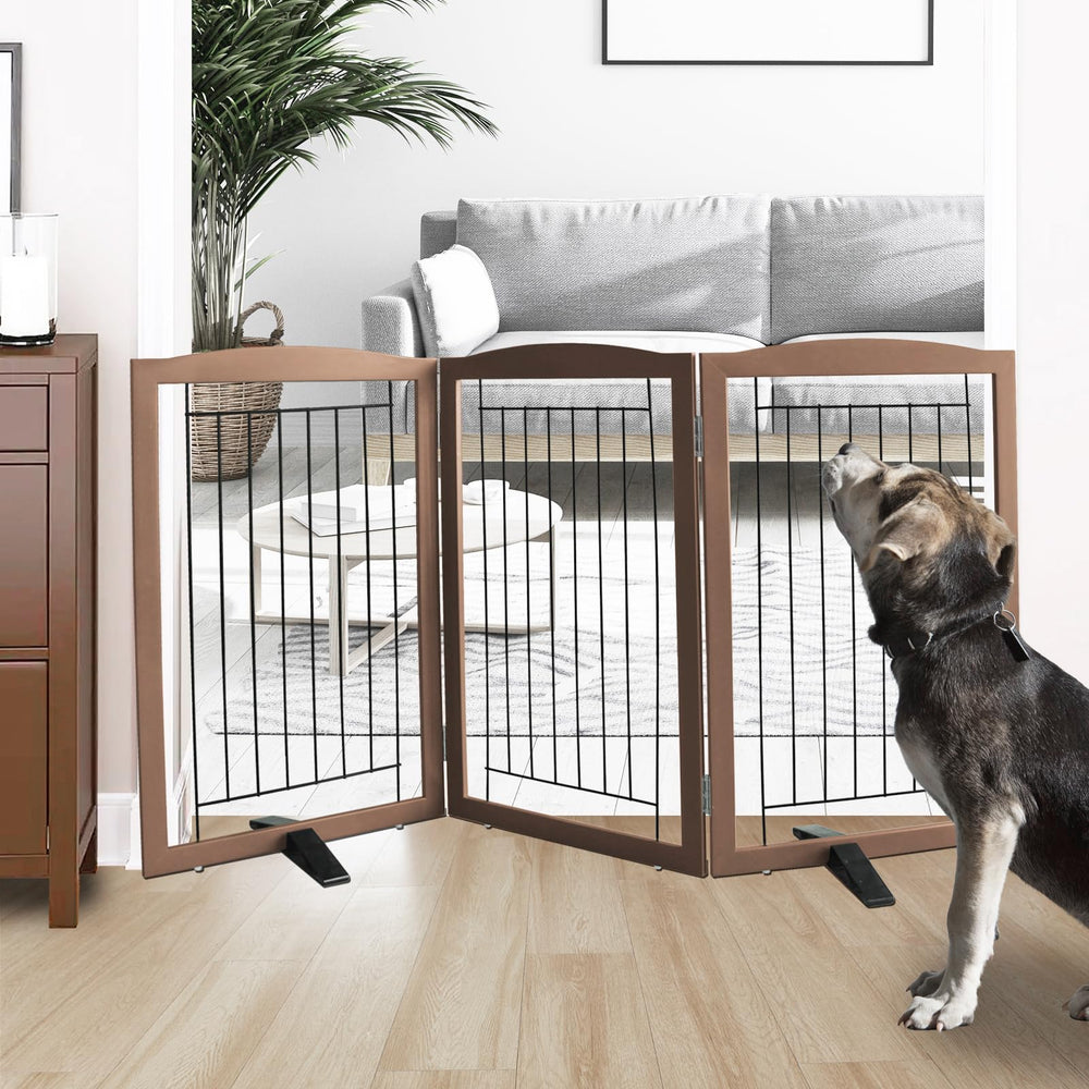 ZJSF freestanding dog fence full view shows sturdy three-panel design for wide hallways.