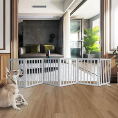 ZJSF freestanding dog gate in wood with six panels ideal for wide hallways.