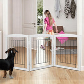 ZJSF freestanding dog gate, fully assembled for hallway containment.