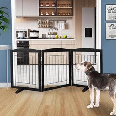 ZJSF dog gate folded into wide Z-shape for hallway travel and storage.