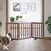ZJSF freestanding dog gate in cedar wood opened across hallway for easy pet management.