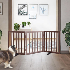 ZJSF freestanding dog gate in cedar wood opened across hallway for easy pet management.