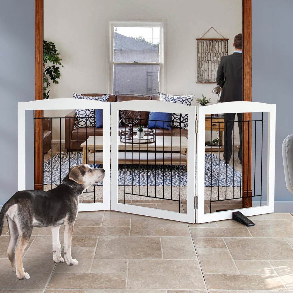 ZJSF freestanding dog gate close-up shows sturdy wood panel and floor-protecting feet.