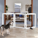 ZJSF freestanding dog gate close-up shows sturdy wood panel and floor-protecting feet.