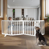 ZJSF freestanding dog gate with extended cedar panels for wide hallway coverage and pet control.