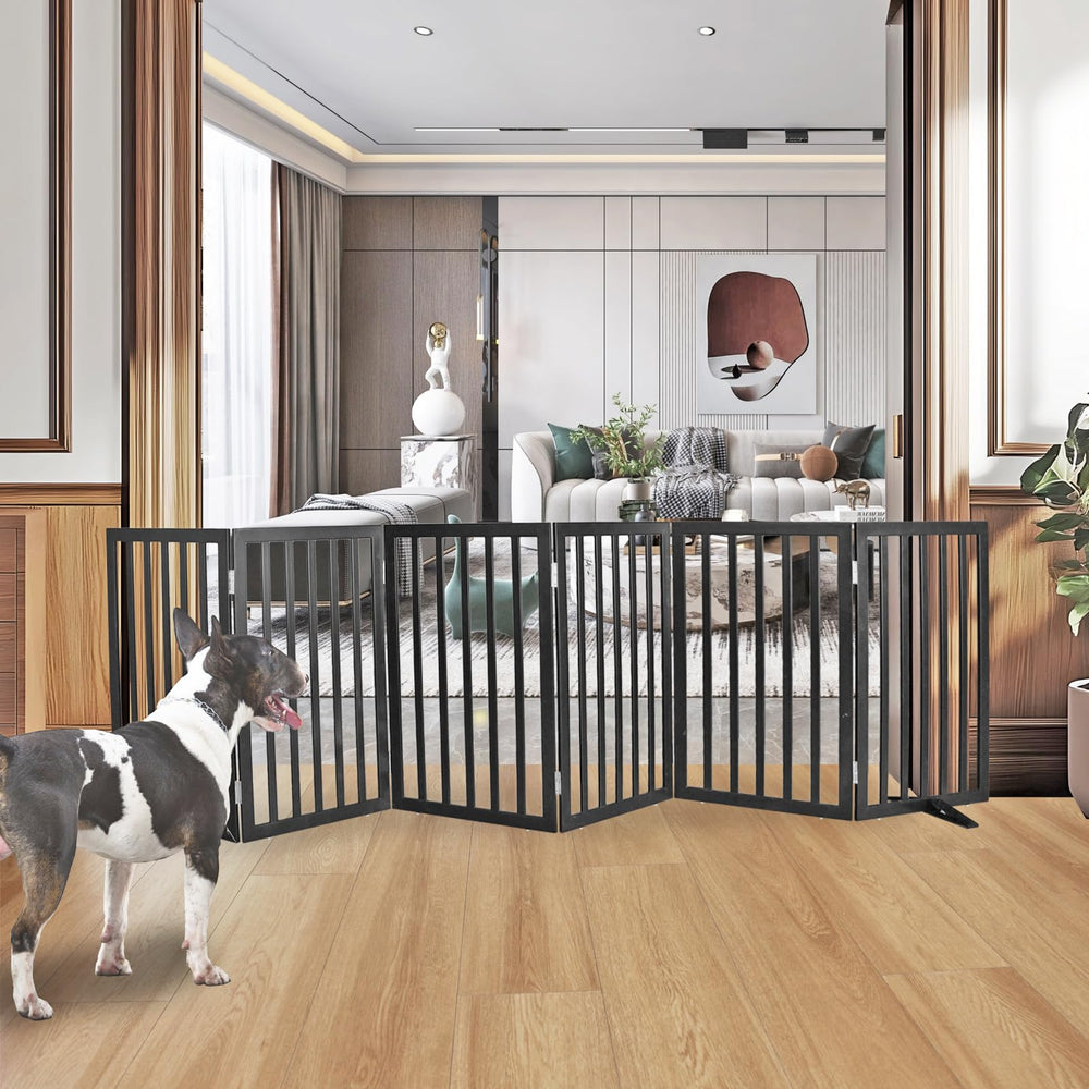 ZJSF freestanding wooden dog gate with cedar frame for doorway containment.