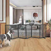 ZJSF freestanding wooden dog gate with cedar frame for doorway containment.
