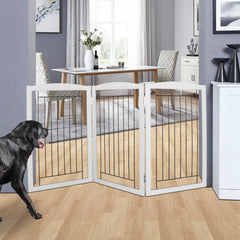 ZJSF freestanding foldable dog gate in wooden grey blocks hallway traffic and pet separation.