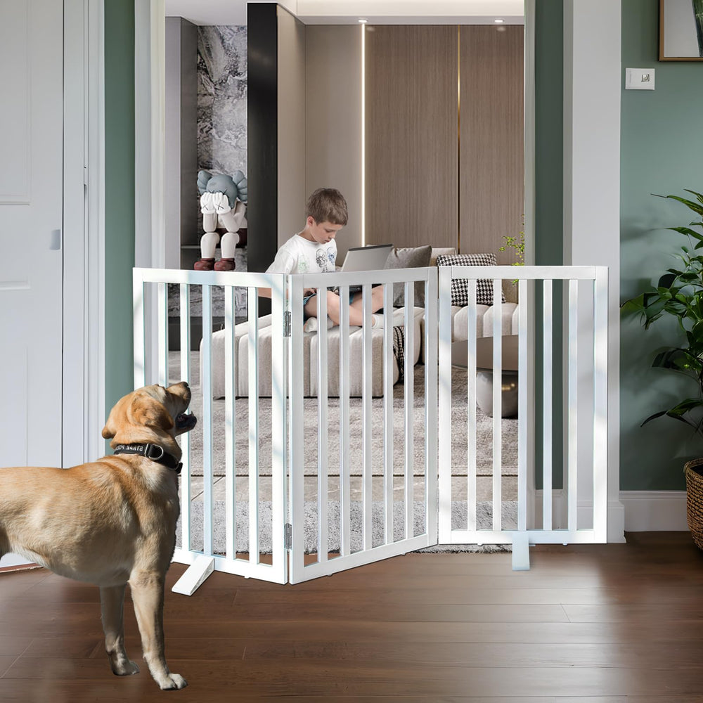 ZJSF freestanding indoor dog gate in cedar wood shows sturdy, natural style.