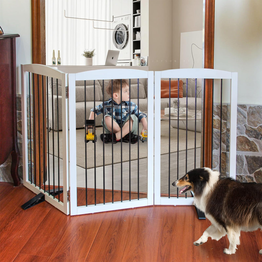 ZJSF freestanding three-panel gate assembled for doorway confinement and quick setup.